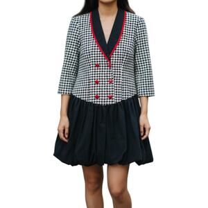 Vintage 80s Black White Houndstooth Double Breasted Bubble Hem Dress Sz Medium